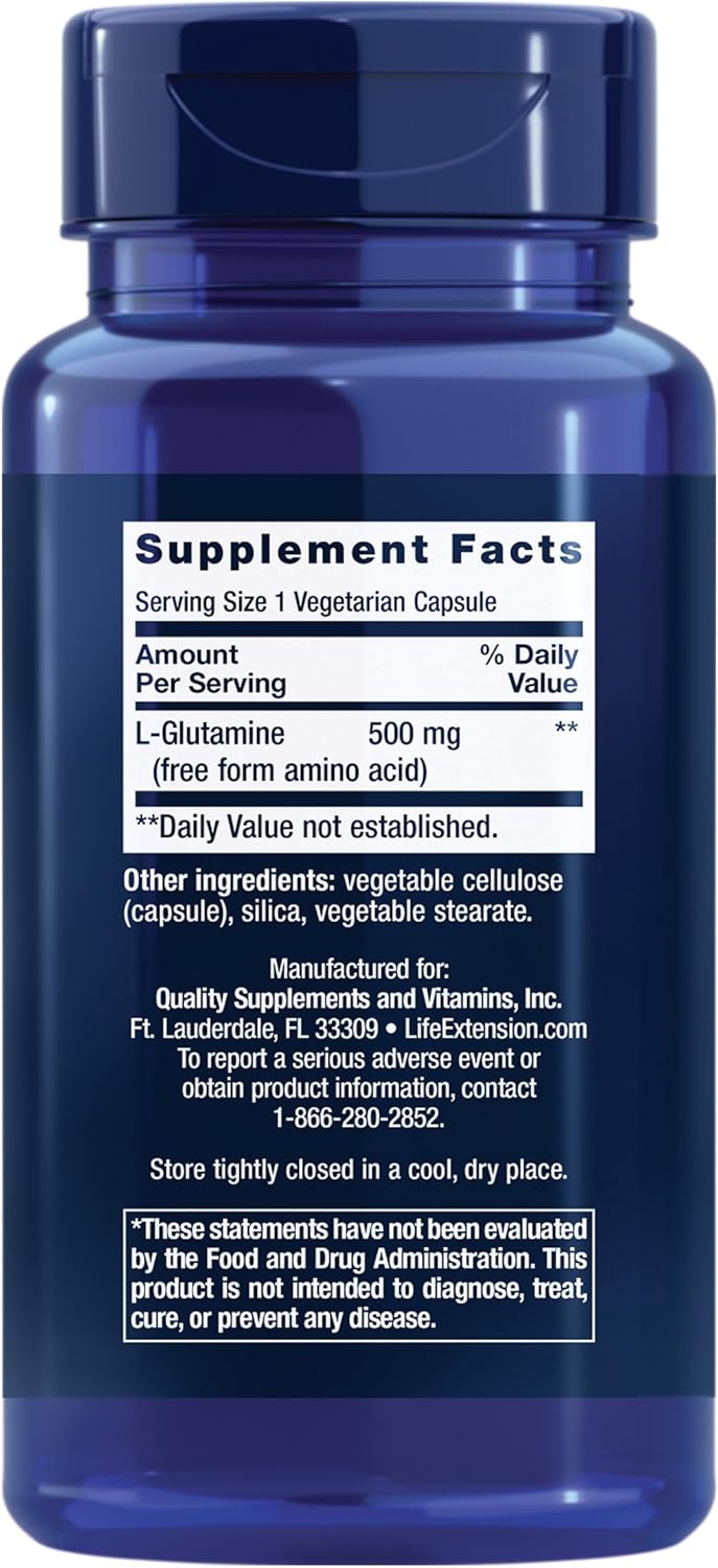 500 mg Life Extension L-Glutamine Capsules - Supports Muscle & Immune Health, Gluten-Free & Non-GMO - 100 Vegetarian Capsules