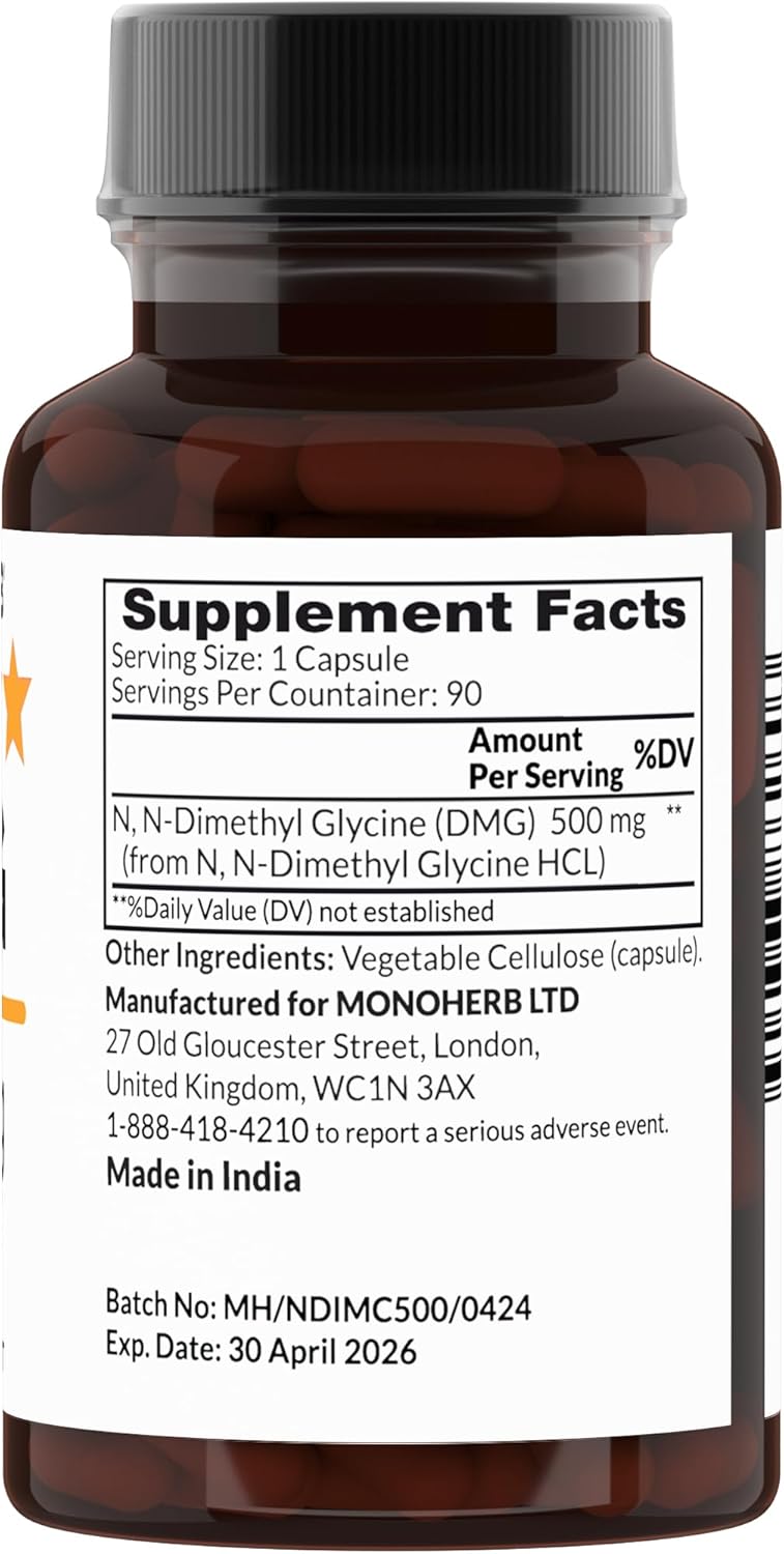 500 mg Monoherb N-Dimethyl Glycine Supplement - 90 Vegetarian Capsules - 90 Servings