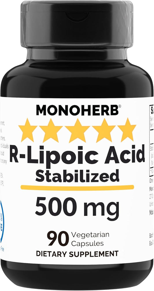 500 mg MONOHERB R-Lipoic Acid - 90 Veg Capsules - Stabilized R-Alpha-Lipoic Acid Supplement