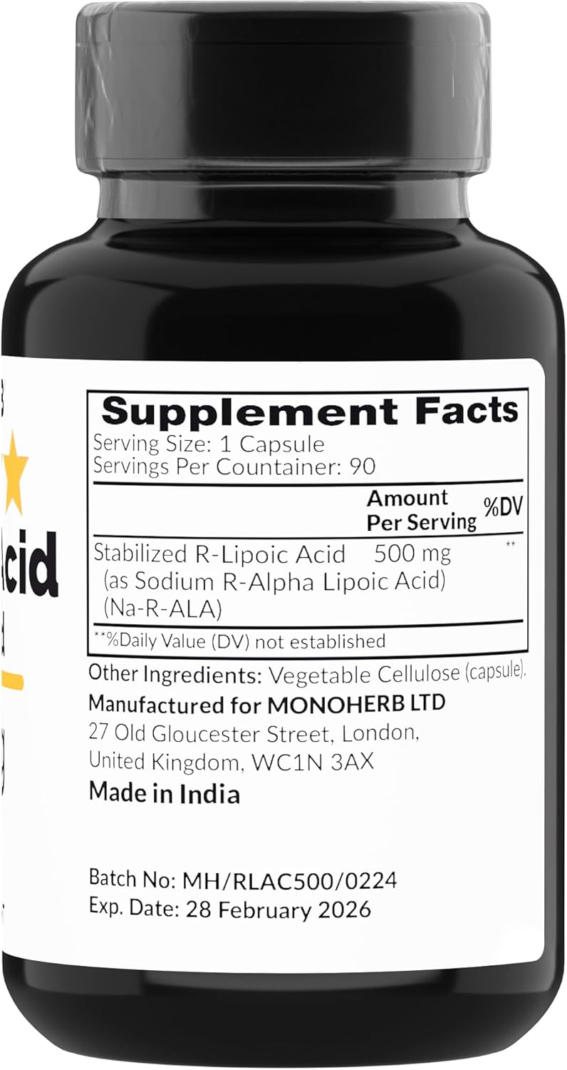 500 mg MONOHERB R-Lipoic Acid - 90 Veg Capsules - Stabilized R-Alpha-Lipoic Acid Supplement