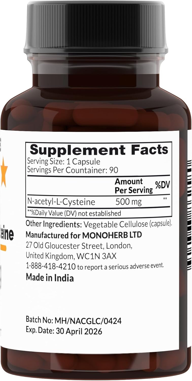 500 mg N-Acetyl-L-Cysteine (NAC) Veg Capsules - 90 Count - MONOHERB