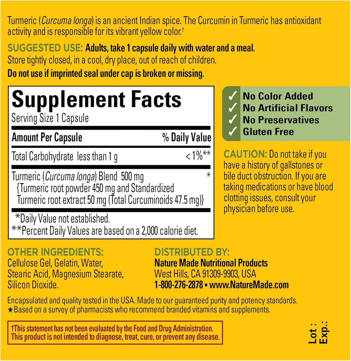 500 mg Nature Made Turmeric Curcumin Capsules - Antioxidant Support Supplement, 60 Count