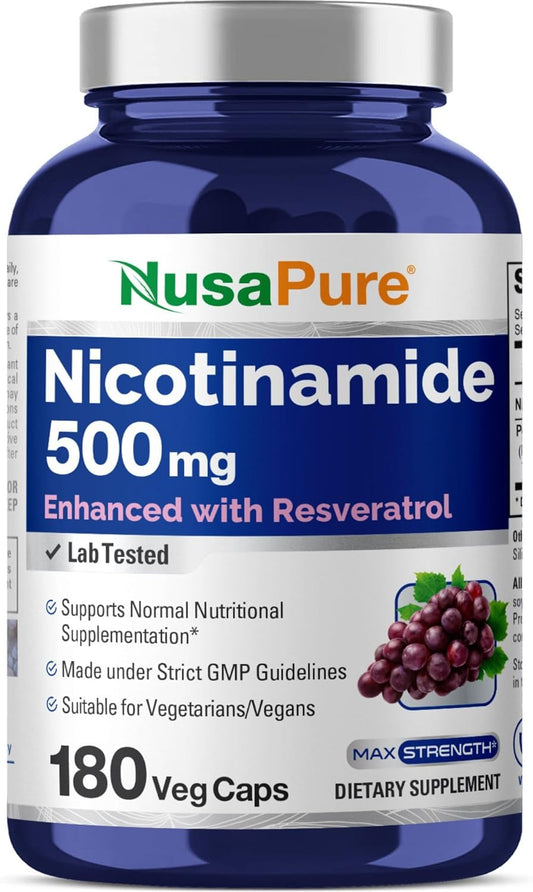 500 mg Nicotinamide with Resveratrol (Vitamin B-3) - 180 Vegetarian Capsules (Non-GMO & Vegan) by NusaPure