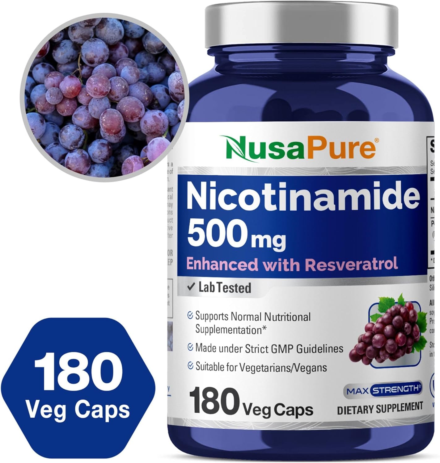 500 mg Nicotinamide with Resveratrol (Vitamin B-3) - 180 Vegetarian Capsules (Non-GMO & Vegan) by NusaPure
