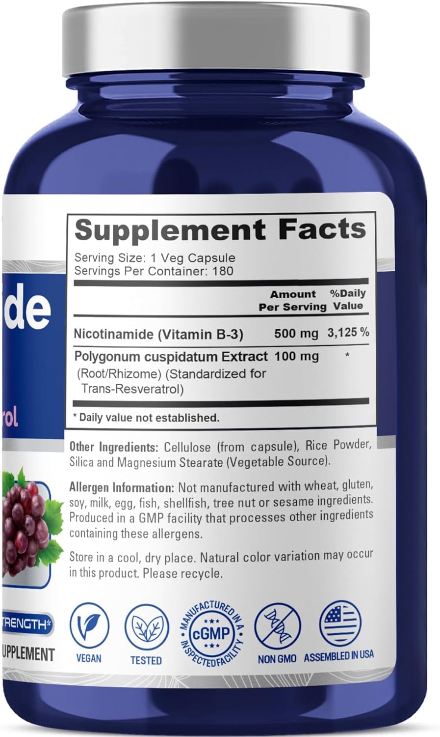 500 mg Nicotinamide with Resveratrol (Vitamin B-3) - 180 Vegetarian Capsules (Non-GMO & Vegan) by NusaPure