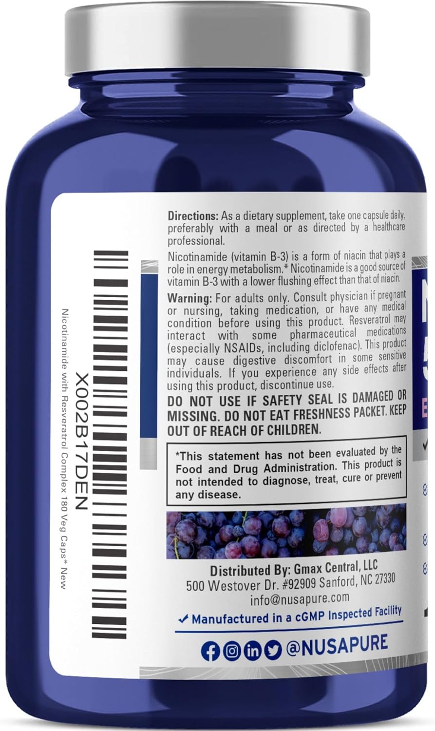 500 mg Nicotinamide with Resveratrol (Vitamin B-3) - 180 Vegetarian Capsules (Non-GMO & Vegan) by NusaPure