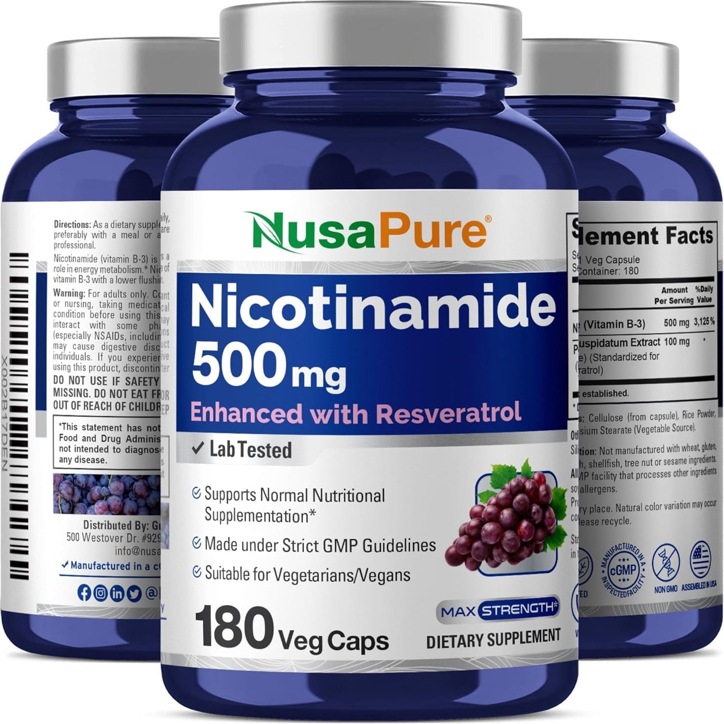 500 mg Nicotinamide with Resveratrol (Vitamin B-3) - 180 Vegetarian Capsules (Non-GMO & Vegan) by NusaPure