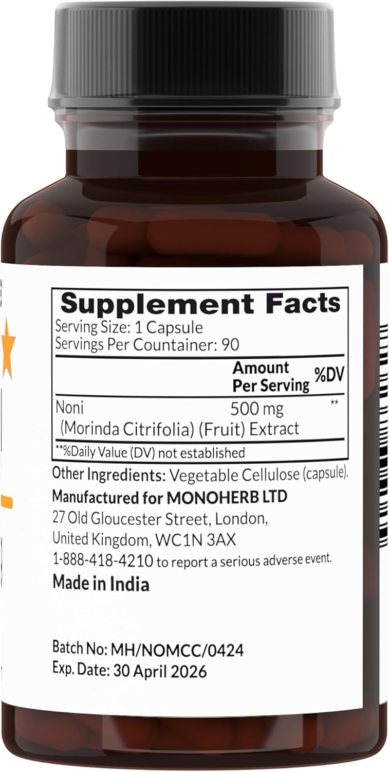 500 mg Noni Extract Capsules - 90 Veg Capsules, Morinda Citrifolia Supplement, 90 Servings