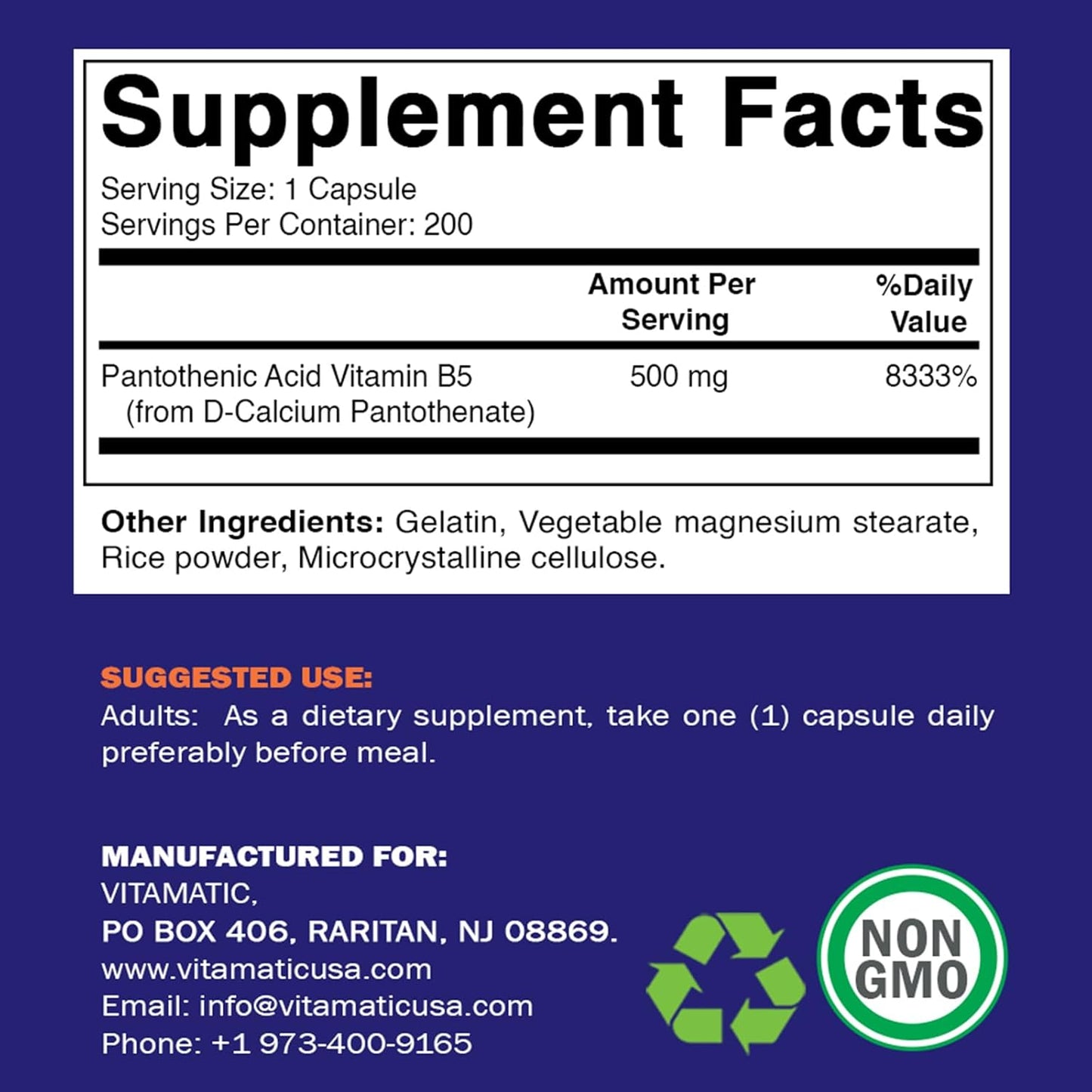 500 mg Pantothenic Acid (Vitamin B5) Capsules - Pack of 200 by Vitamatic
