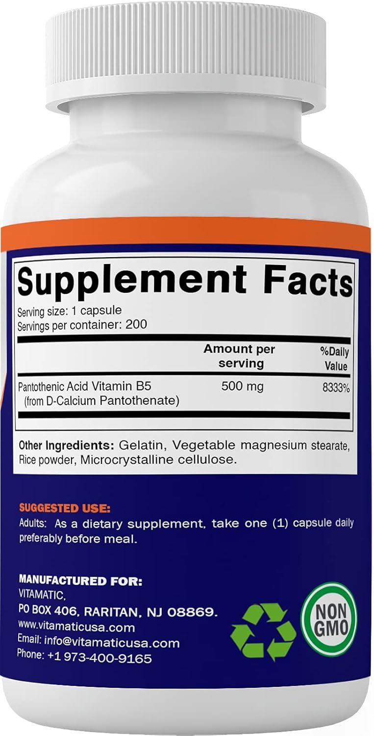 500 mg Pantothenic Acid (Vitamin B5) Capsules - Pack of 200 by Vitamatic