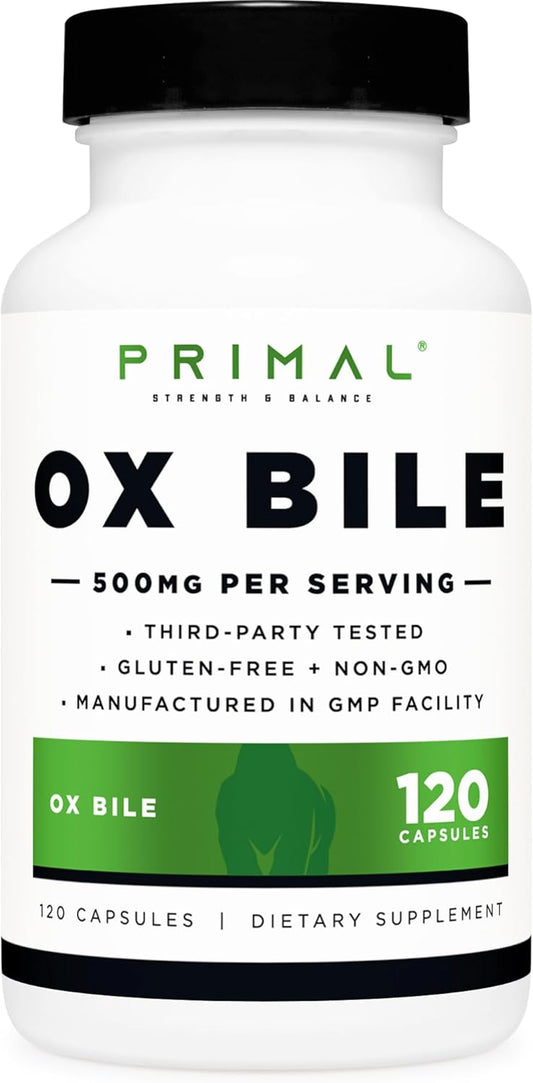 500 MG Primal Ox Bile Capsules - Gluten-Free, Non-GMO, Third-Party Tested (120 Capsules)