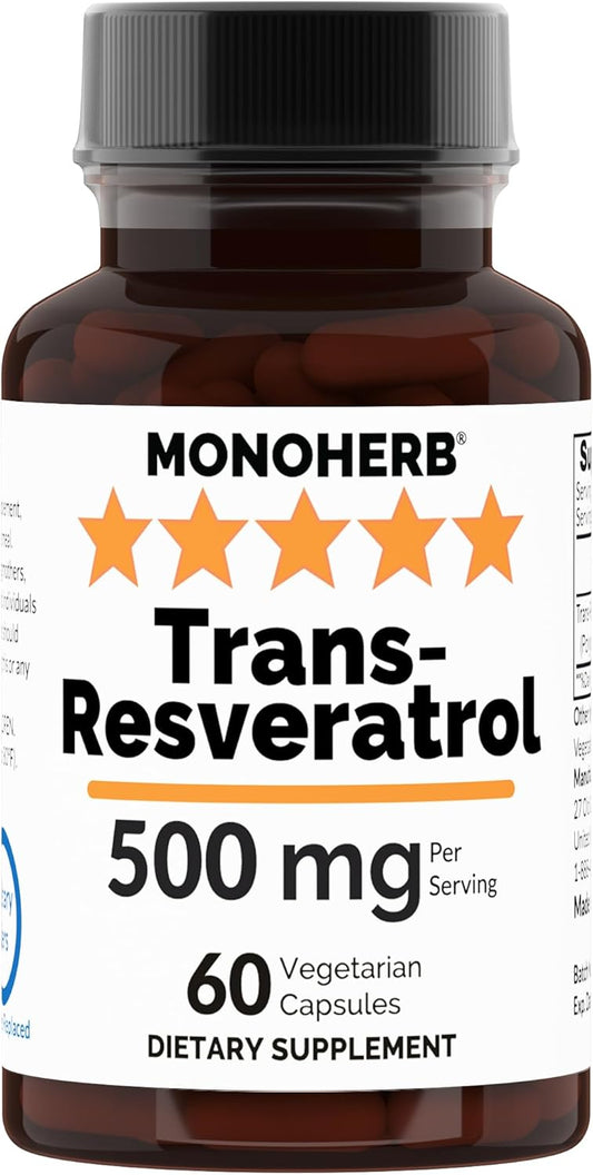 500 mg Trans Resveratrol Supplement - 60 Vegetarian Capsules - High Potency Antioxidant - 30 Day Supply