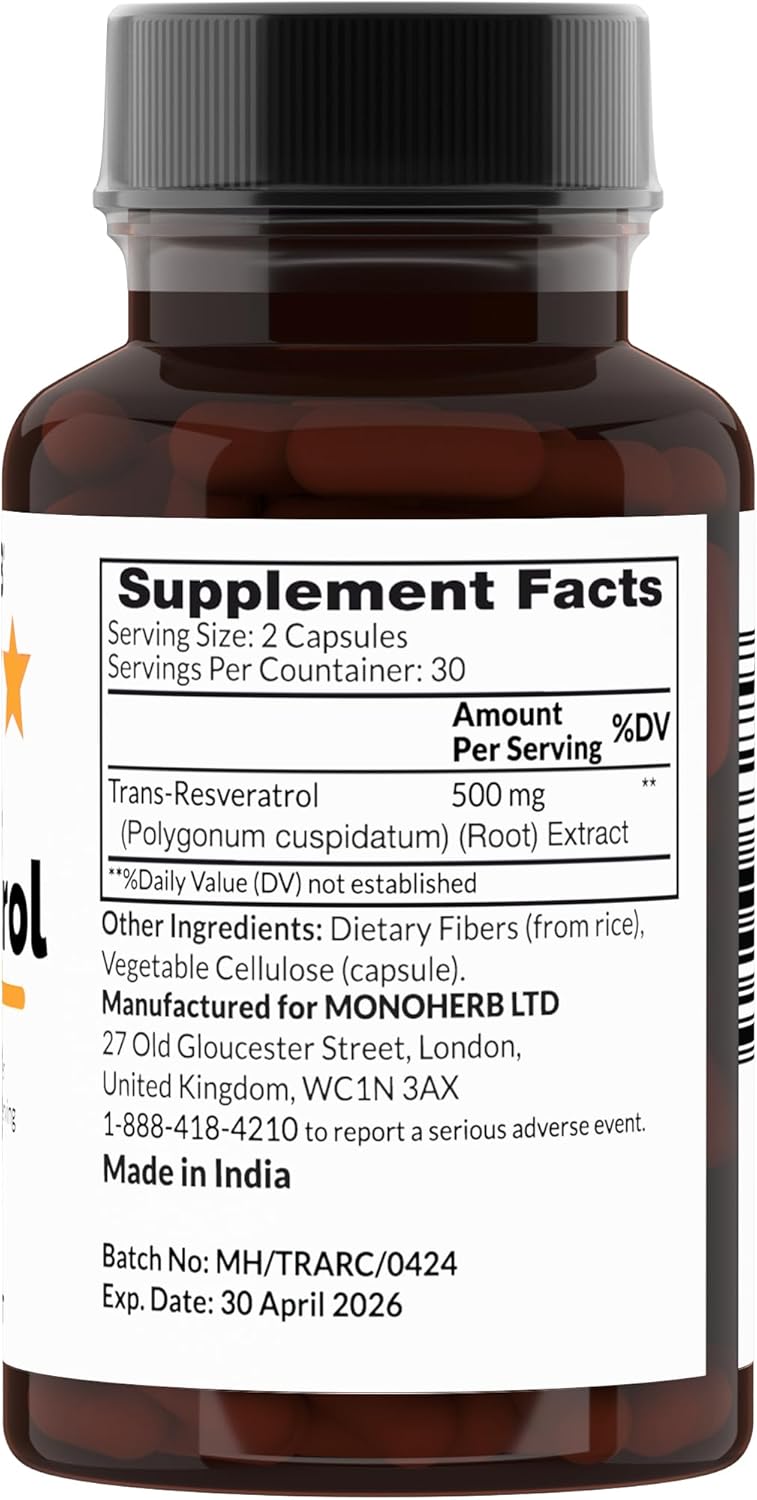 500 mg Trans Resveratrol Supplement - 60 Vegetarian Capsules - High Potency Antioxidant - 30 Day Supply