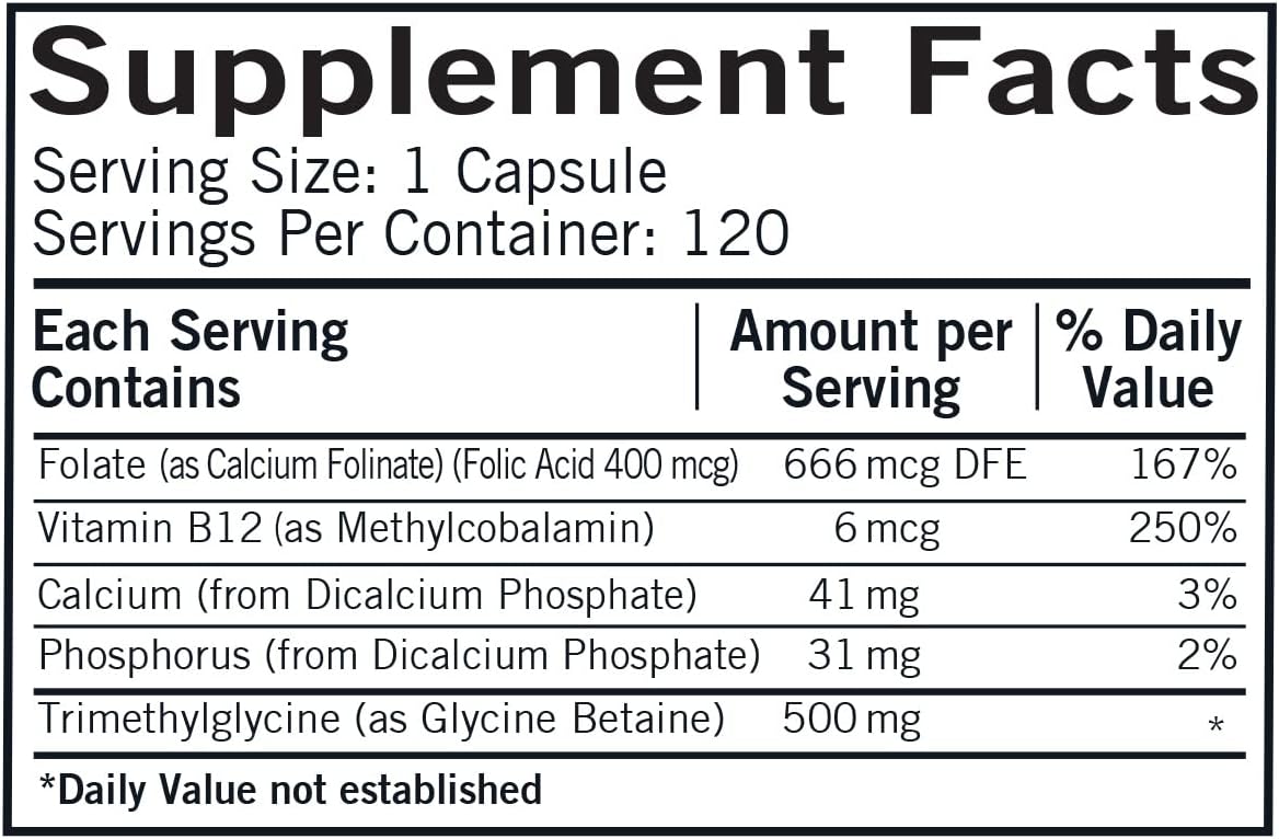 500 mg Trimethylglycine Capsules with Folinic Acid and B12 - 120 Hypo Capsules by Kirkman