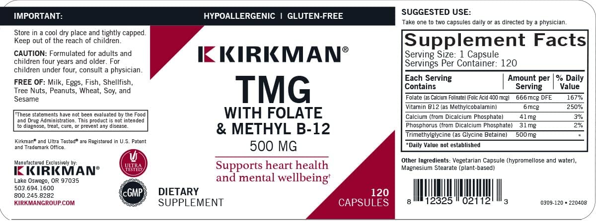 500 mg Trimethylglycine Capsules with Folinic Acid and B12 - 120 Hypo Capsules by Kirkman