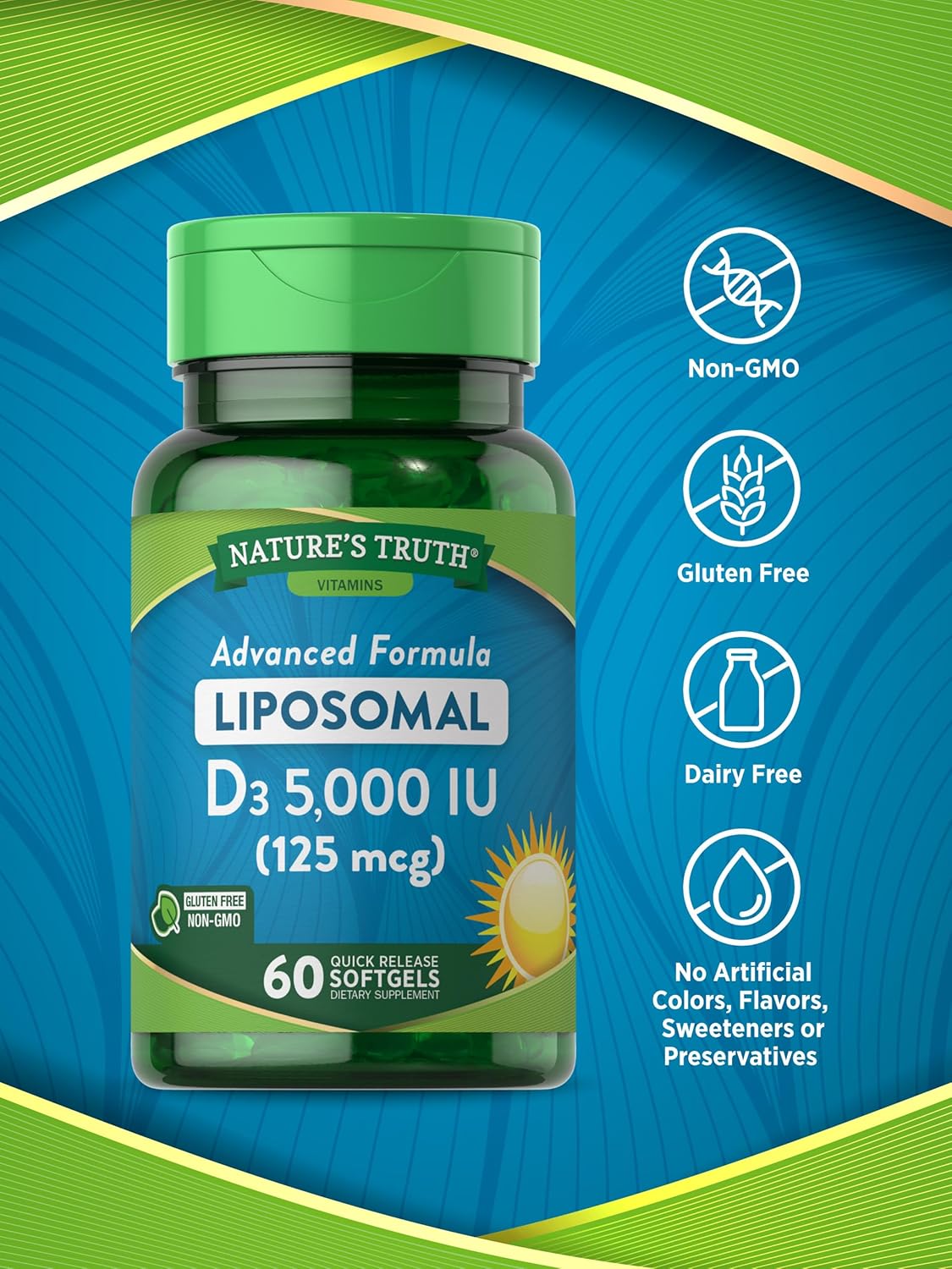 5000 IU Liposomal Vitamin D3 Softgels - Non-GMO & Gluten Free - 60 Count