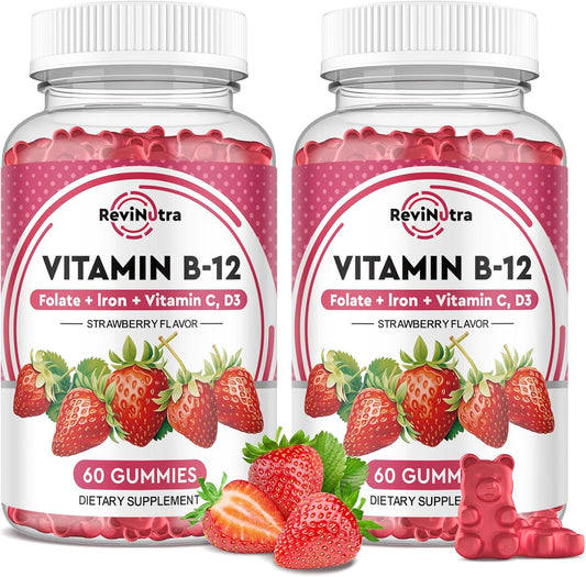 5000 mcg Methylcobalamin Vitamin B12 Gummies with Iron, Vitamin C, D3, Folate - Energy & Metabolism Support, Immune Boost - 2 Pack Strawberry Chewables for Men & Women