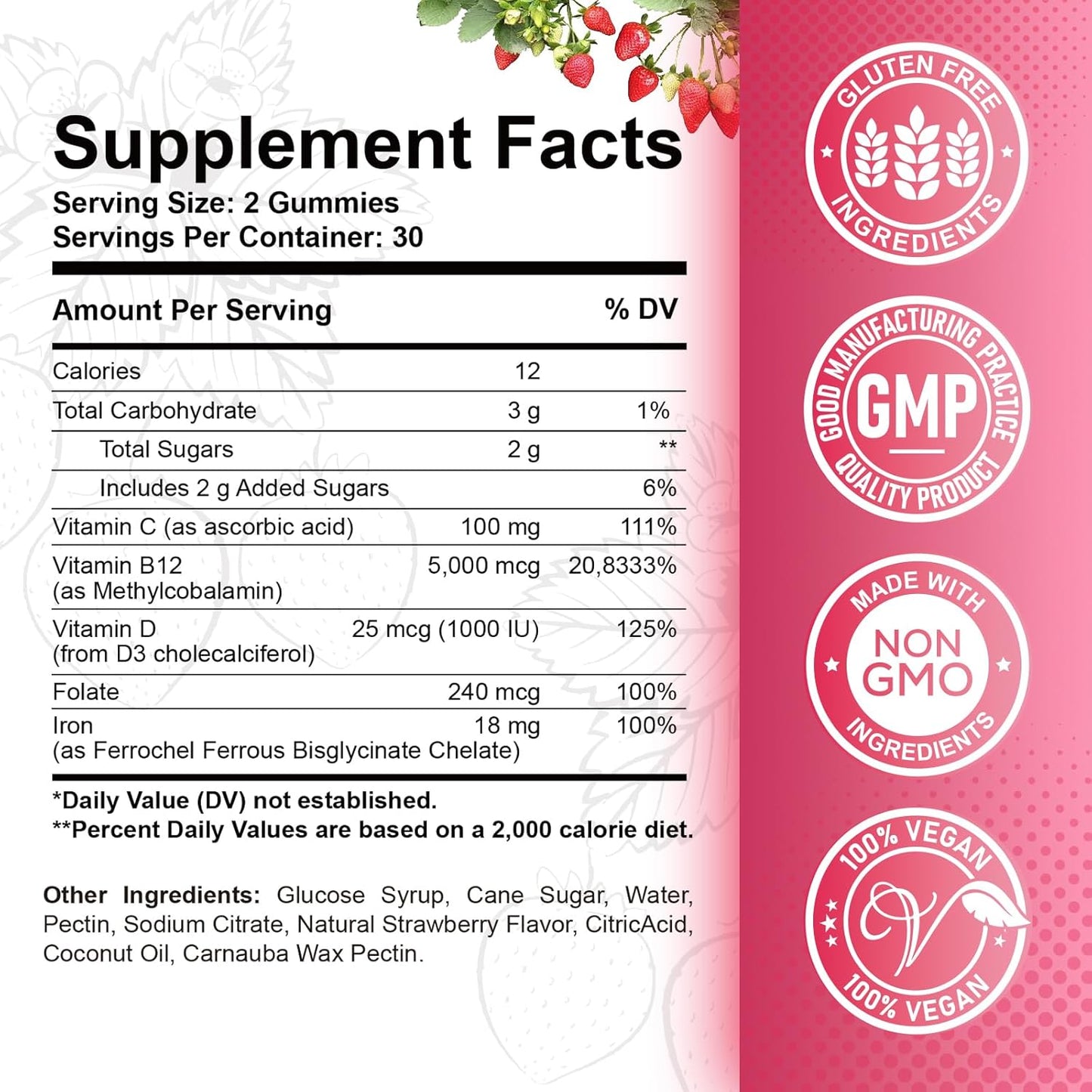 5000 mcg Methylcobalamin Vitamin B12 Gummies with Iron, Vitamin C, D3, Folate - Energy & Metabolism Support, Immune Boost - 2 Pack Strawberry Chewables for Men & Women