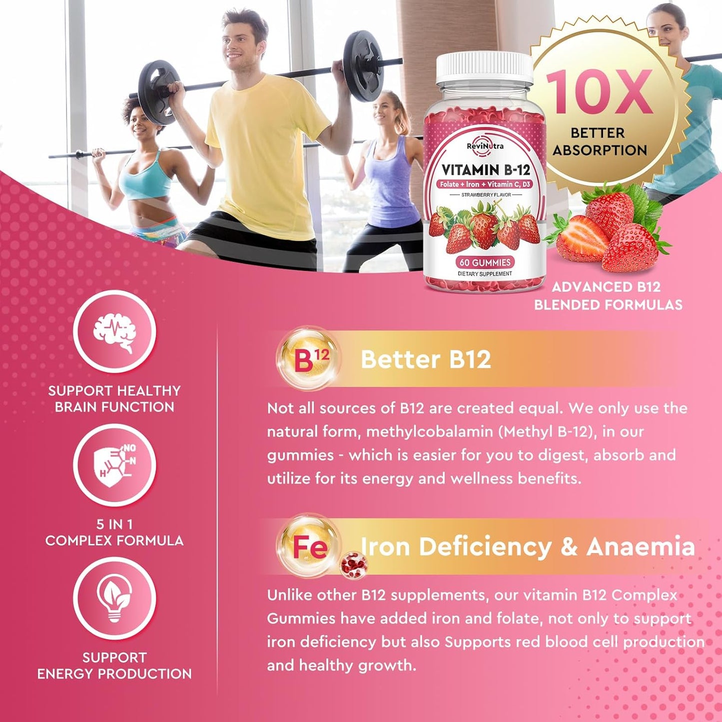 5000 mcg Methylcobalamin Vitamin B12 Gummies with Iron, Vitamin C, D3, Folate - Energy & Metabolism Support, Immune Boost - 2 Pack Strawberry Chewables for Men & Women