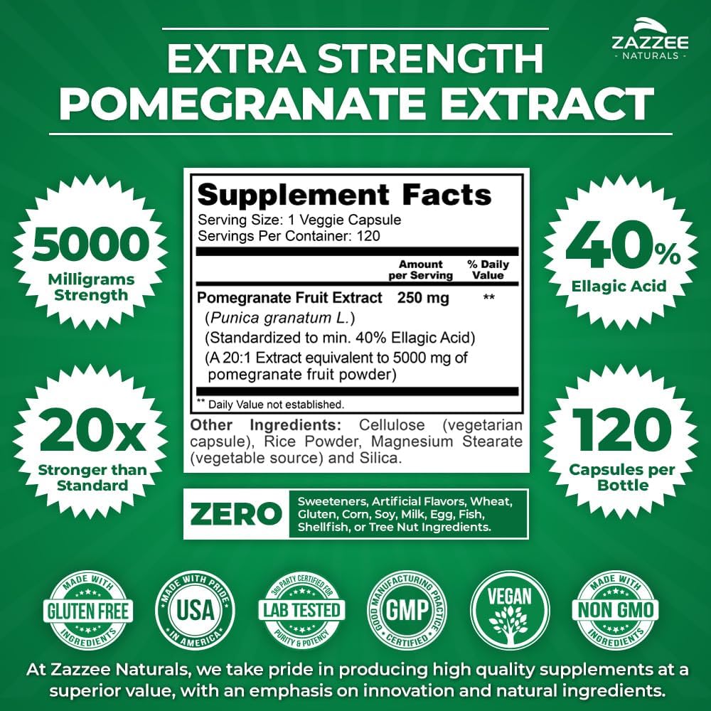 5000 mg Extra Strength Pomegranate Extract - 120 Vegan Capsules - 40% Ellagic Acid - 4 Month Supply - Non-GMO and All-Natural