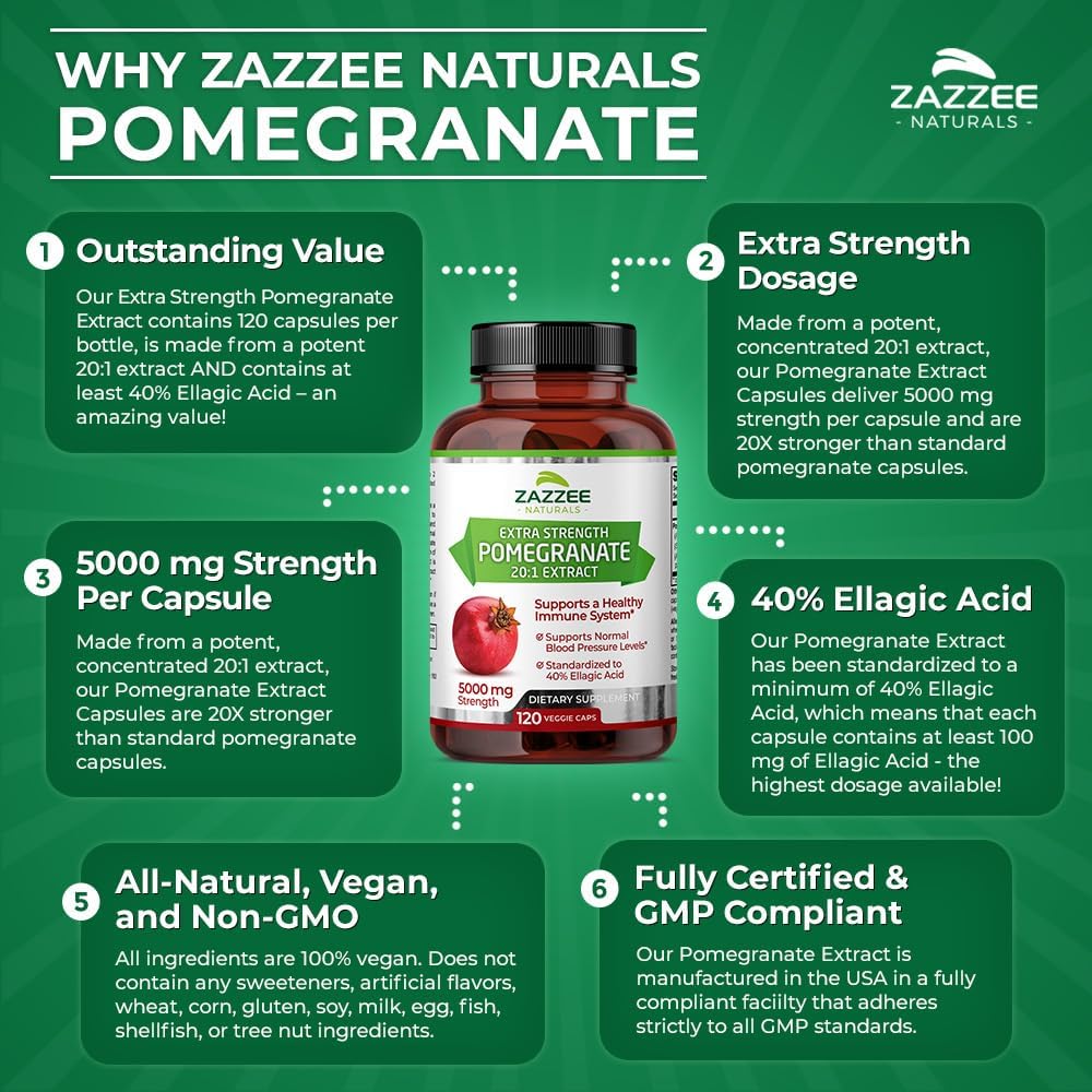 5000 mg Extra Strength Pomegranate Extract - 120 Vegan Capsules - 40% Ellagic Acid - 4 Month Supply - Non-GMO and All-Natural