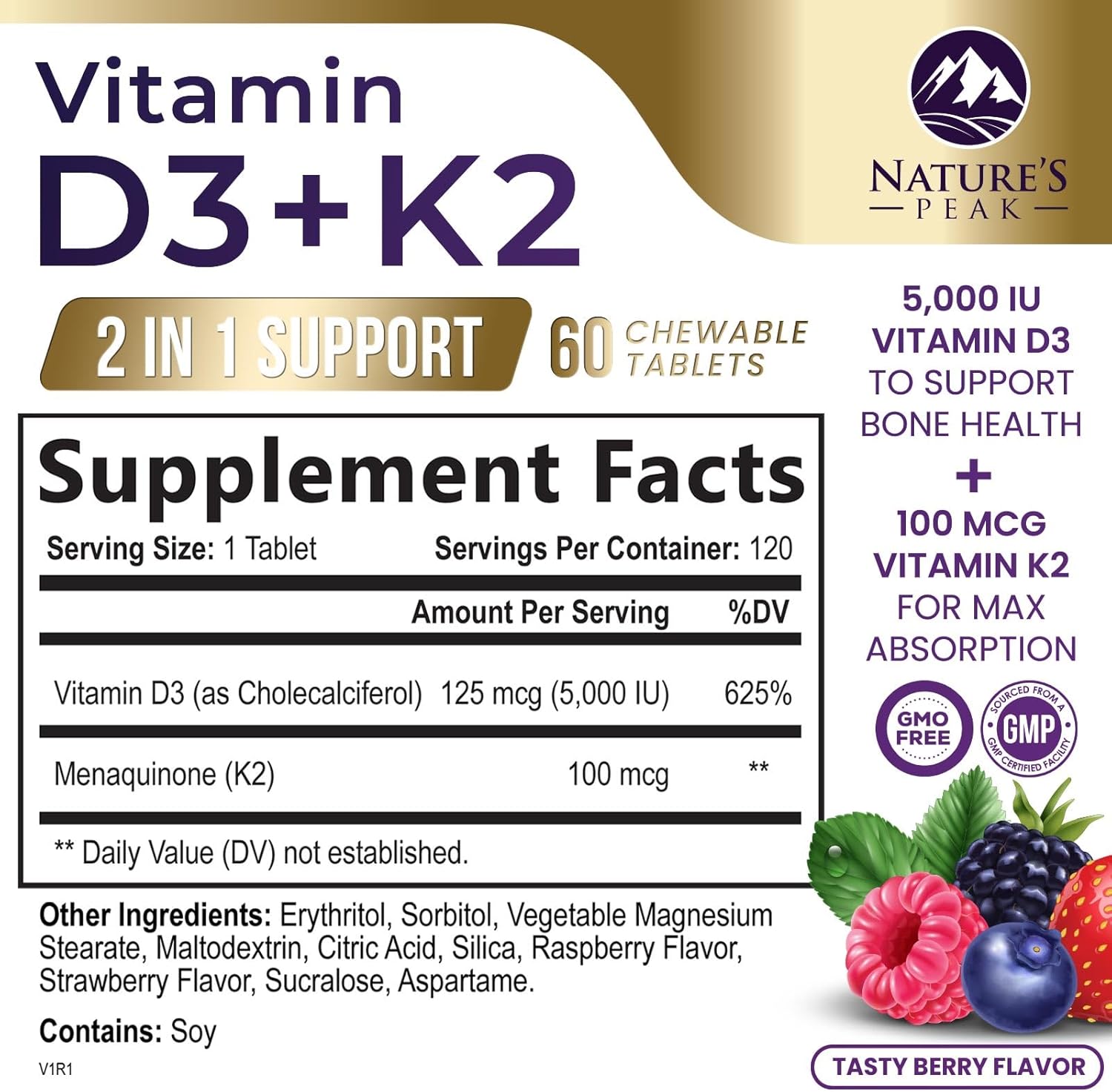 5000iu Vitamin D3 K2 Chewable Tablets for Bone, Heart, & Immune Health - 100 mcg MK-7 K2 - Supports Calcium Absorption - Gluten Free & Non-GMO - 120 Servings