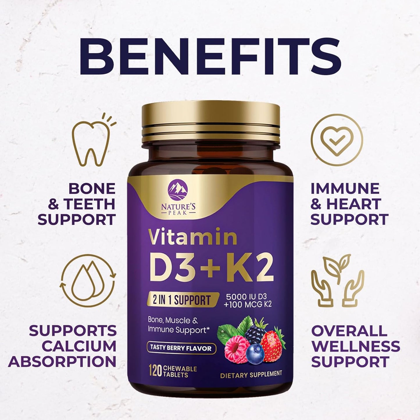 5000iu Vitamin D3 K2 Chewable Tablets for Bone, Heart, & Immune Health - 100 mcg MK-7 K2 - Supports Calcium Absorption - Gluten Free & Non-GMO - 120 Servings