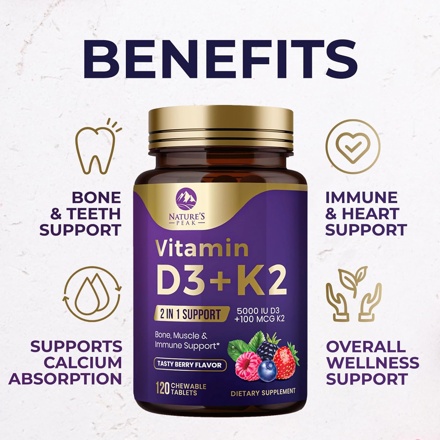5000iu Vitamin D3 K2 Chewable Tablets for Bone, Heart, & Immune Health - 100 mcg MK-7 K2 - Supports Calcium Absorption - Gluten Free & Non-GMO - 120 Servings