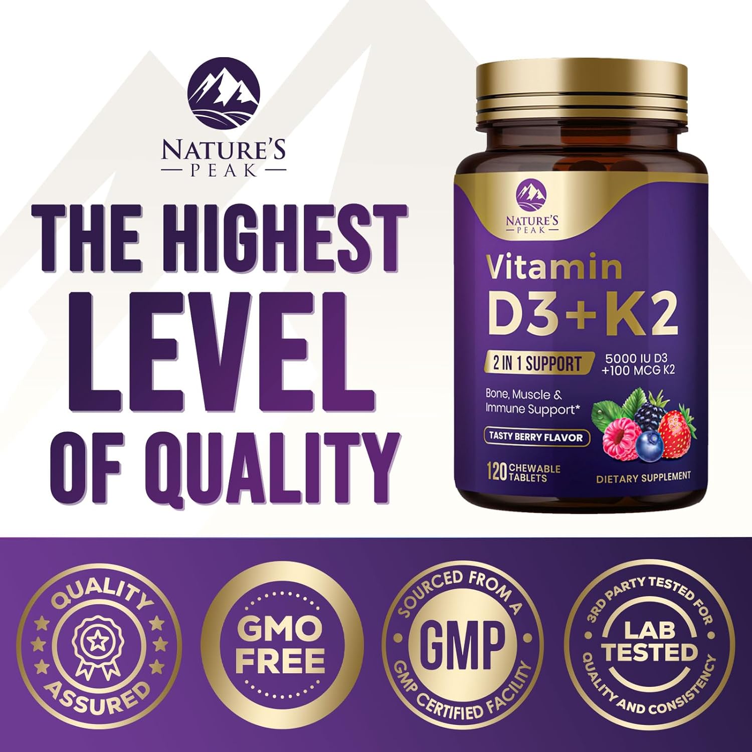 5000iu Vitamin D3 K2 Chewable Tablets for Bone, Heart, & Immune Health - 100 mcg MK-7 K2 - Supports Calcium Absorption - Gluten Free & Non-GMO - 120 Servings