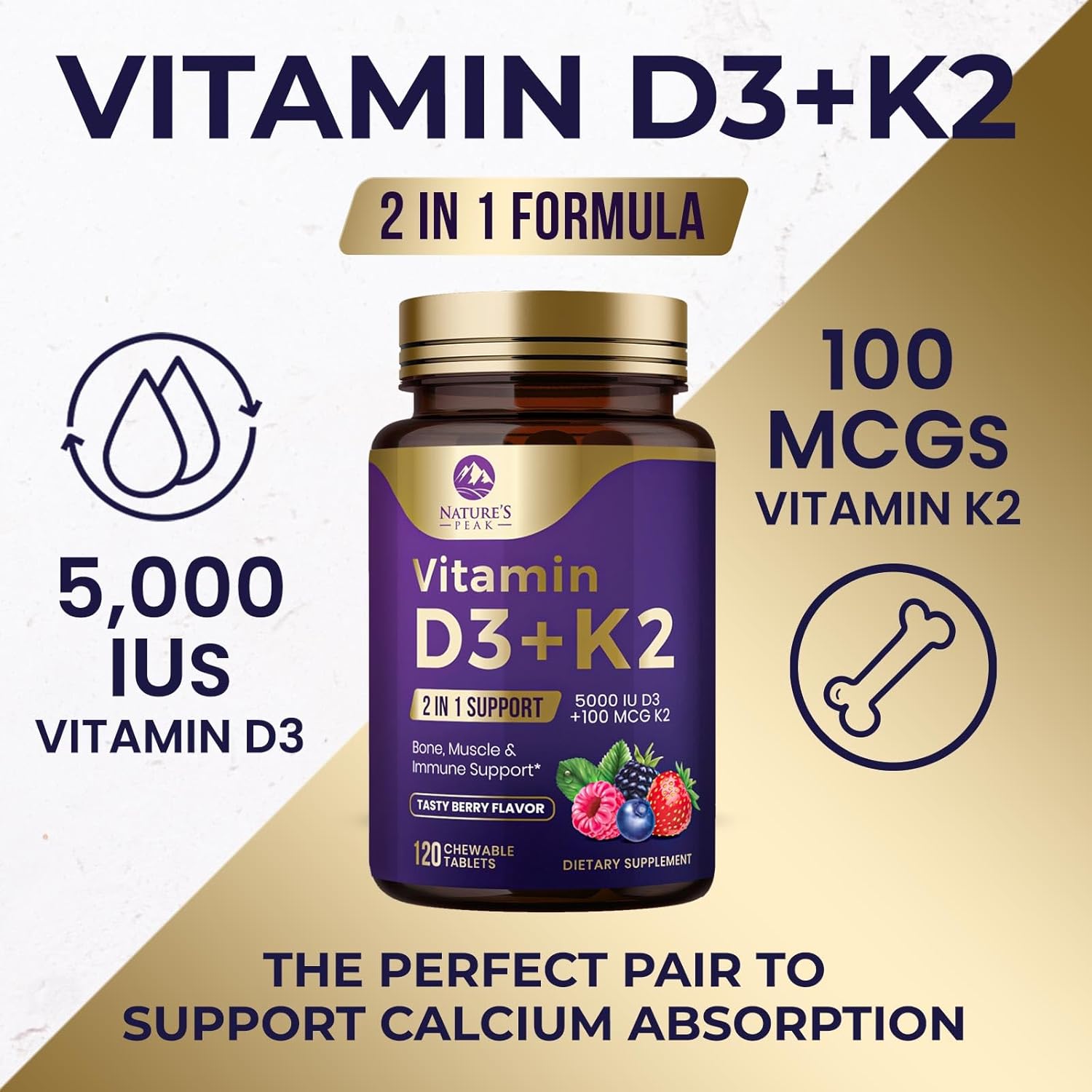 5000iu Vitamin D3 K2 Chewable Tablets for Bone, Heart, & Immune Health - 100 mcg MK-7 K2 - Supports Calcium Absorption - Gluten Free & Non-GMO - 120 Servings
