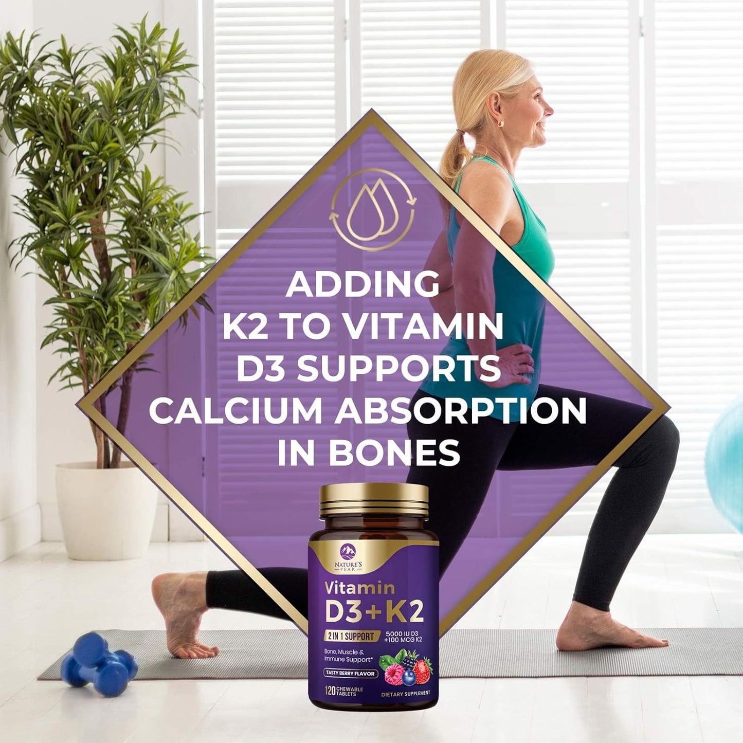 5000iu Vitamin D3 K2 Chewable Tablets for Bone, Heart, & Immune Health - 100 mcg MK-7 K2 - Supports Calcium Absorption - Gluten Free & Non-GMO - 120 Servings