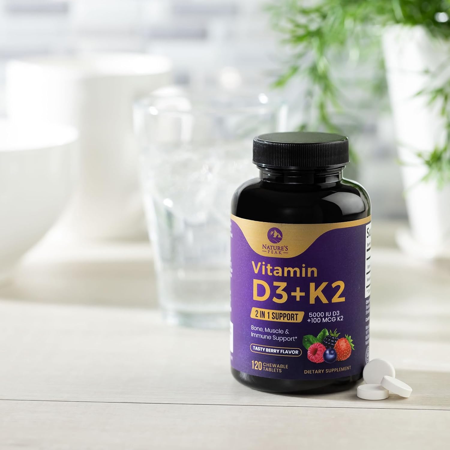 5000iu Vitamin D3 K2 Chewable Tablets for Bone, Heart, & Immune Health - 100 mcg MK-7 K2 - Supports Calcium Absorption - Gluten Free & Non-GMO - 120 Servings