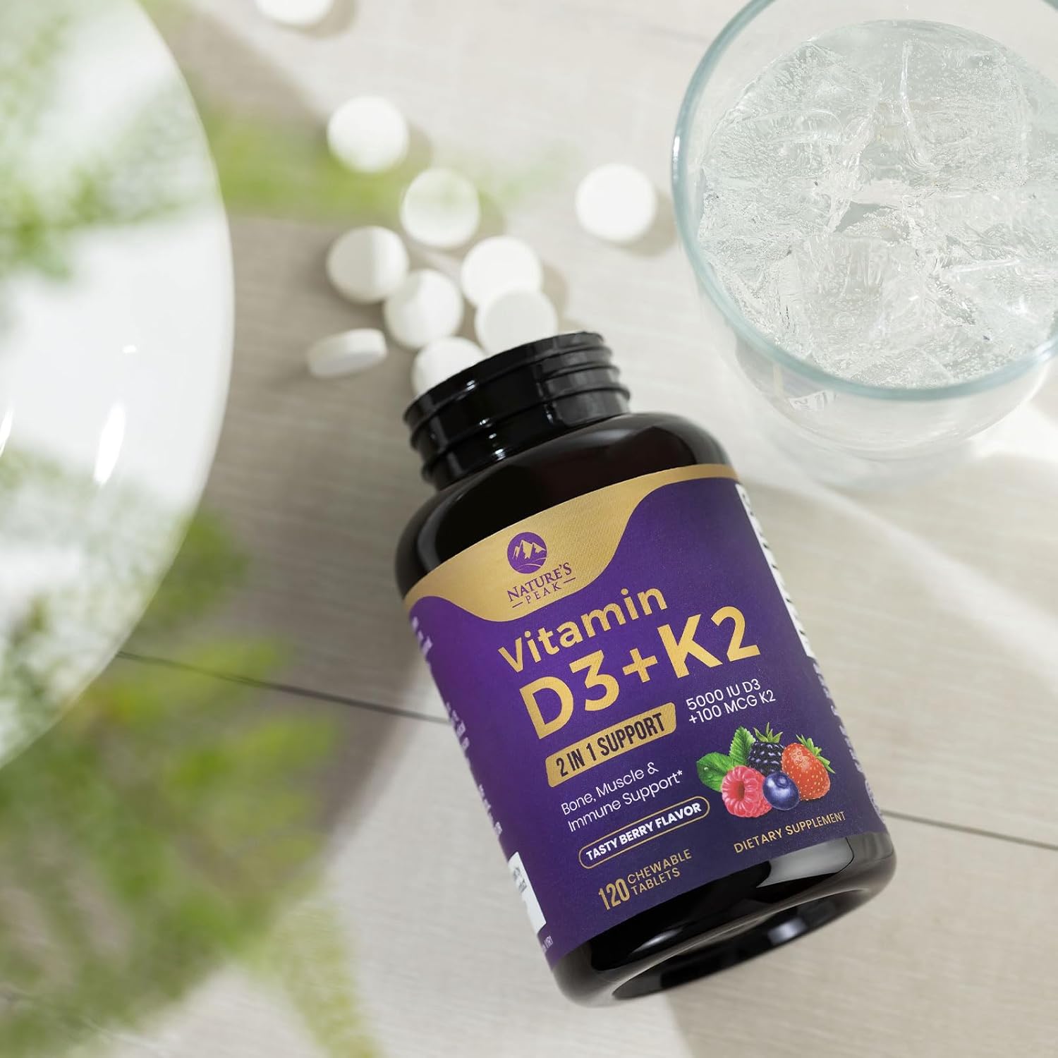 5000iu Vitamin D3 K2 Chewable Tablets for Bone, Heart, & Immune Health - 100 mcg MK-7 K2 - Supports Calcium Absorption - Gluten Free & Non-GMO - 120 Servings