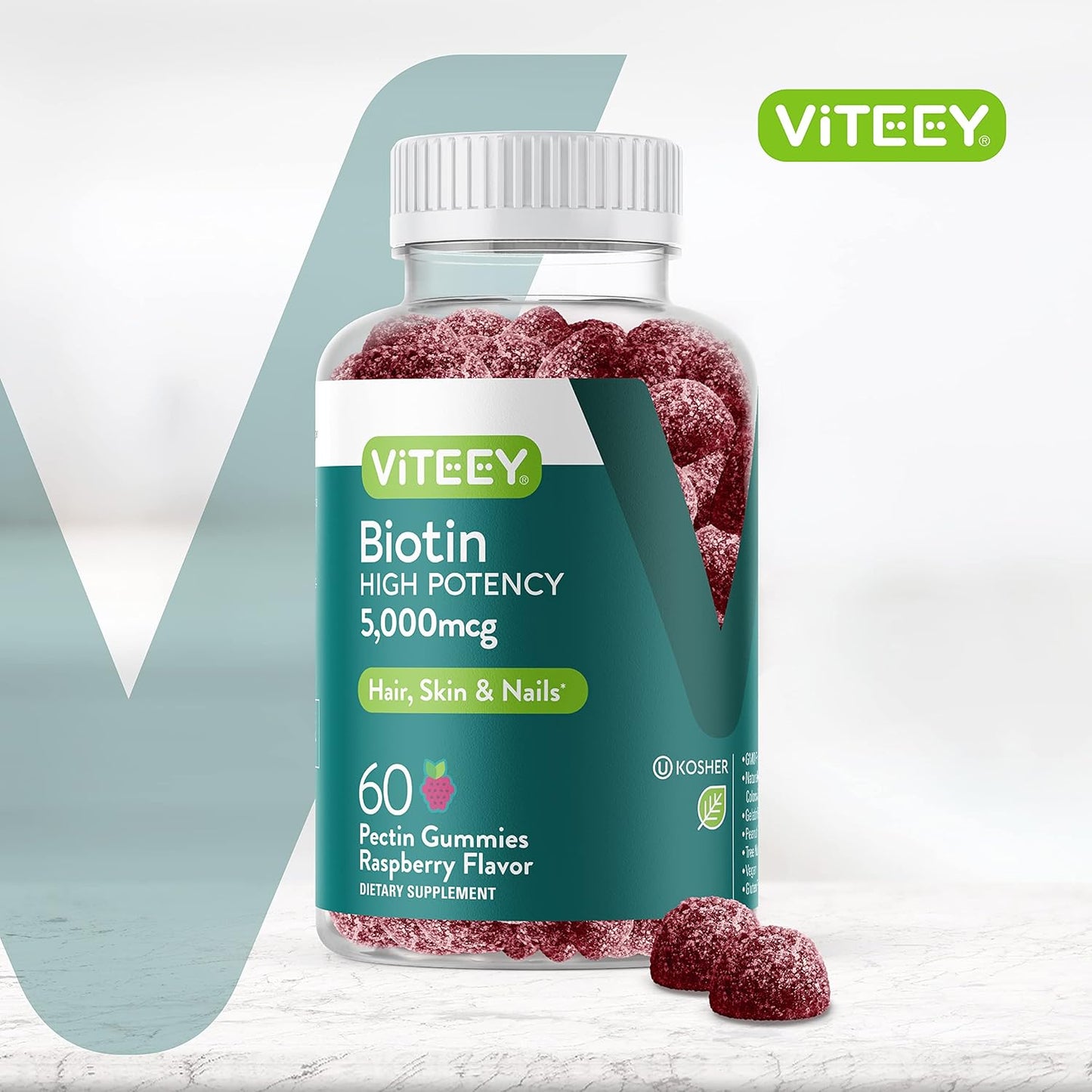 5,000mcg Biotin Gummies for Hair, Skin, Nails - Hair Growth, Healthy Skin & Nails - Vegan, Gluten-Free, GMO-Free - Raspberry Flavor