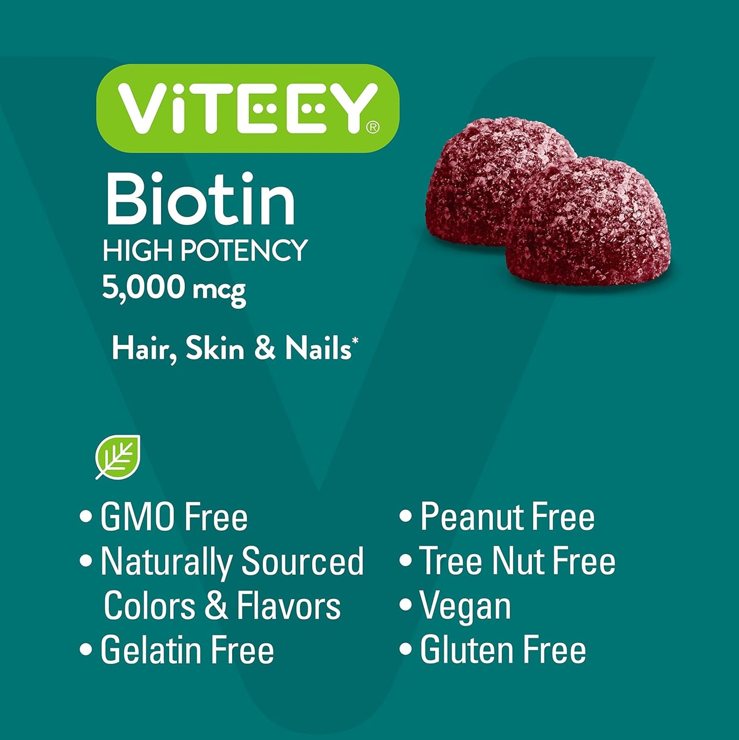 5,000mcg Biotin Gummies for Hair, Skin, Nails - Hair Growth, Healthy Skin & Nails - Vegan, Gluten-Free, GMO-Free - Raspberry Flavor