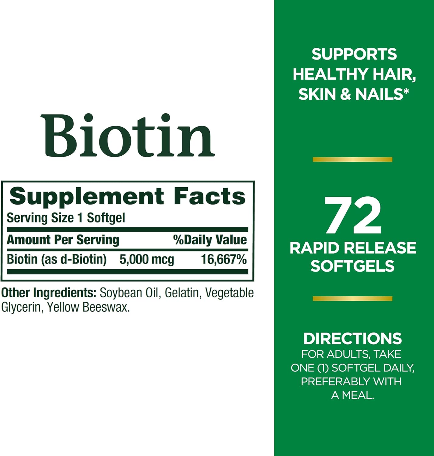 5000mcg Biotin Supplement for Healthy Hair, Skin & Nails - 72 Rapid Release Softgels by Nature's Bounty
