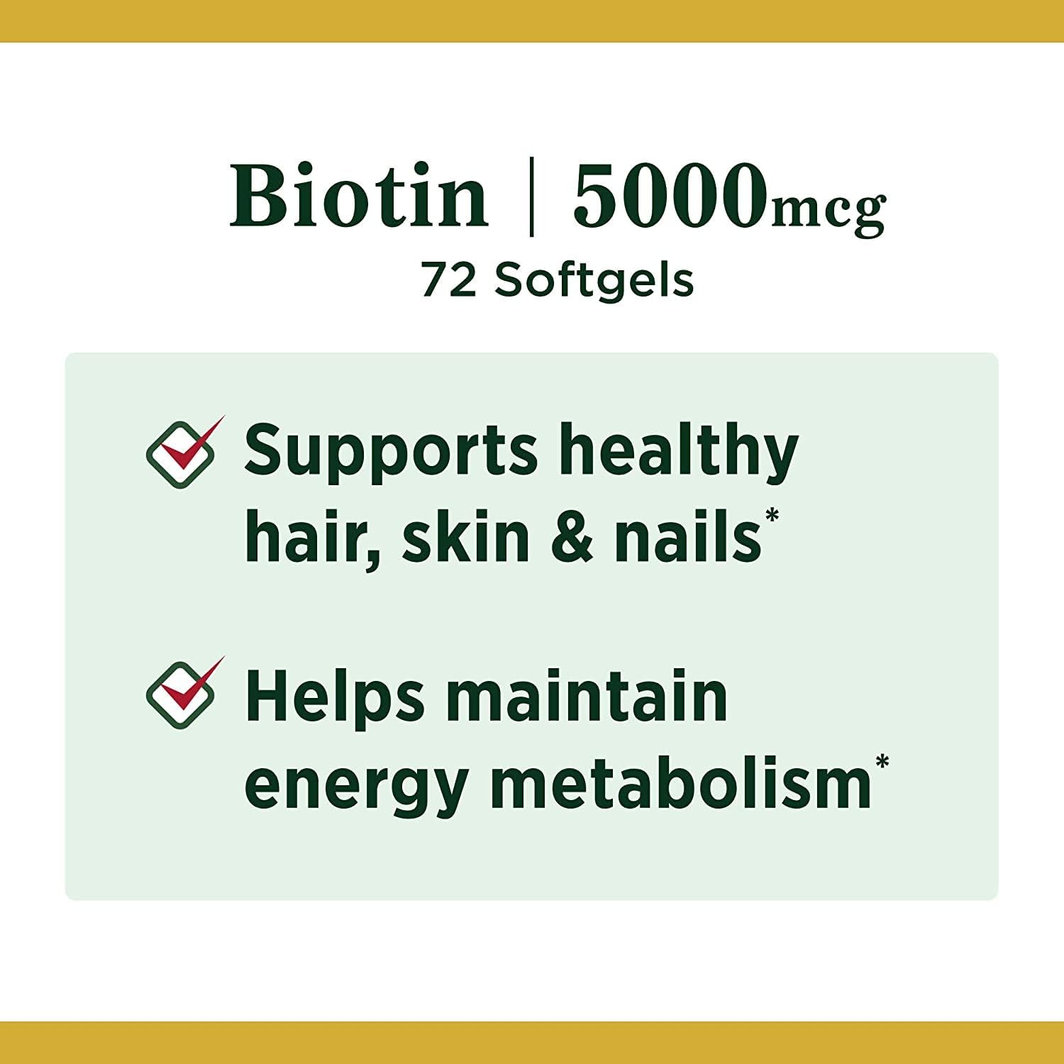 5000mcg Biotin Supplement for Healthy Hair, Skin & Nails - 72 Rapid Release Softgels by Nature's Bounty