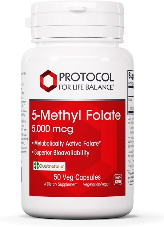5,000mcg Protocol 5-Methylfolate for Brain Support - High Bioavailability Folate Supplement - Vegan & Kosher - 50 Capsules