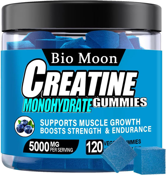 5000mg Bio Moon Creatine Monohydrate Gummies - Muscle Strength & Energy Boost Chewables for Men & Women - Pre-Workout Supplement (120 Count) Blueberry Flavor