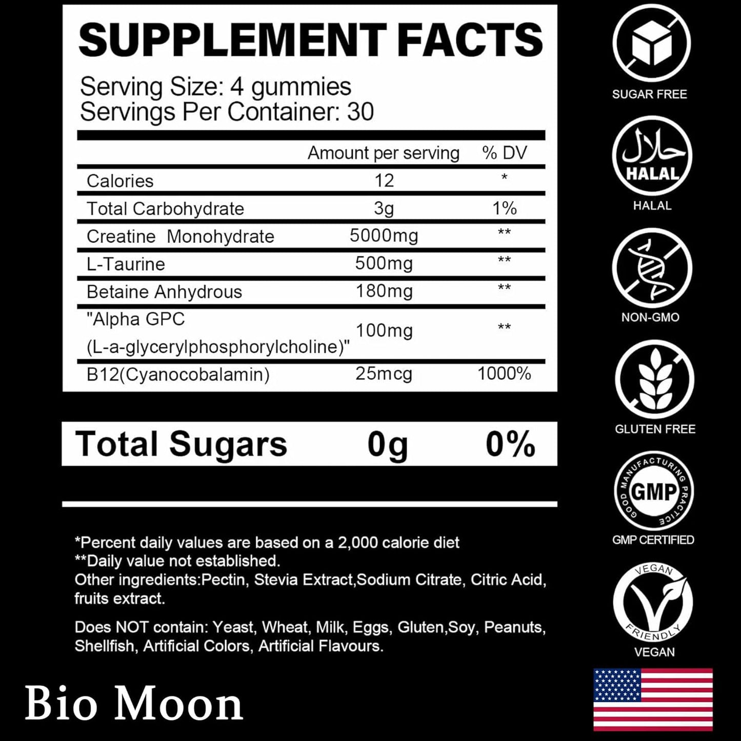5000mg Bio Moon Creatine Monohydrate Gummies - Muscle Strength & Energy Boost Chewables for Men & Women - Pre-Workout Supplement (120 Count) Blueberry Flavor