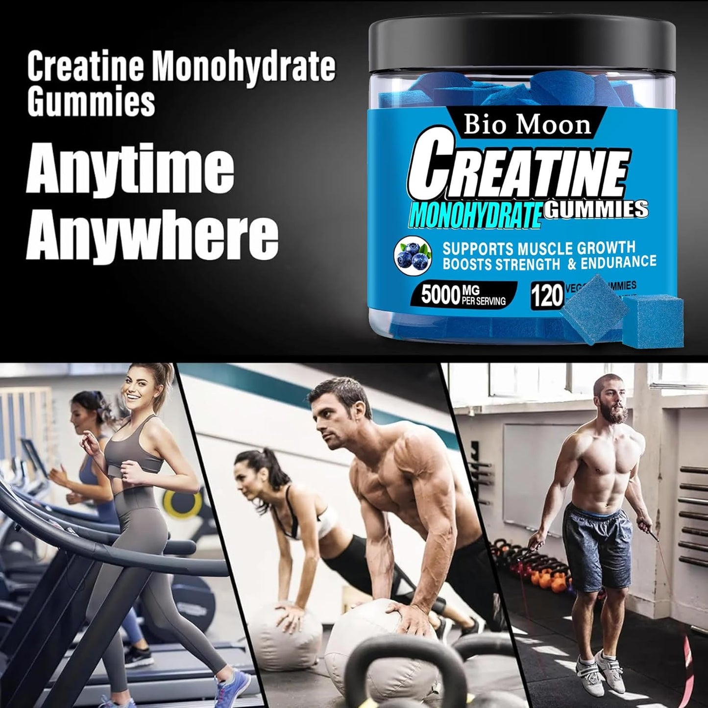 5000mg Bio Moon Creatine Monohydrate Gummies - Muscle Strength & Energy Boost Chewables for Men & Women - Pre-Workout Supplement (120 Count) Blueberry Flavor