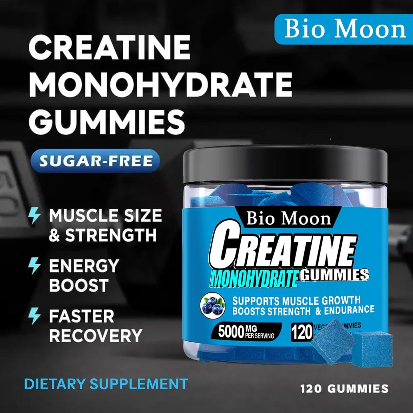 5000mg Bio Moon Creatine Monohydrate Gummies - Muscle Strength & Energy Boost Chewables for Men & Women - Pre-Workout Supplement (120 Count) Blueberry Flavor