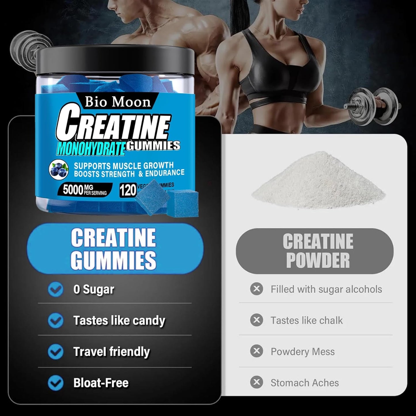 5000mg Bio Moon Creatine Monohydrate Gummies - Muscle Strength & Energy Boost Chewables for Men & Women - Pre-Workout Supplement (120 Count) Blueberry Flavor