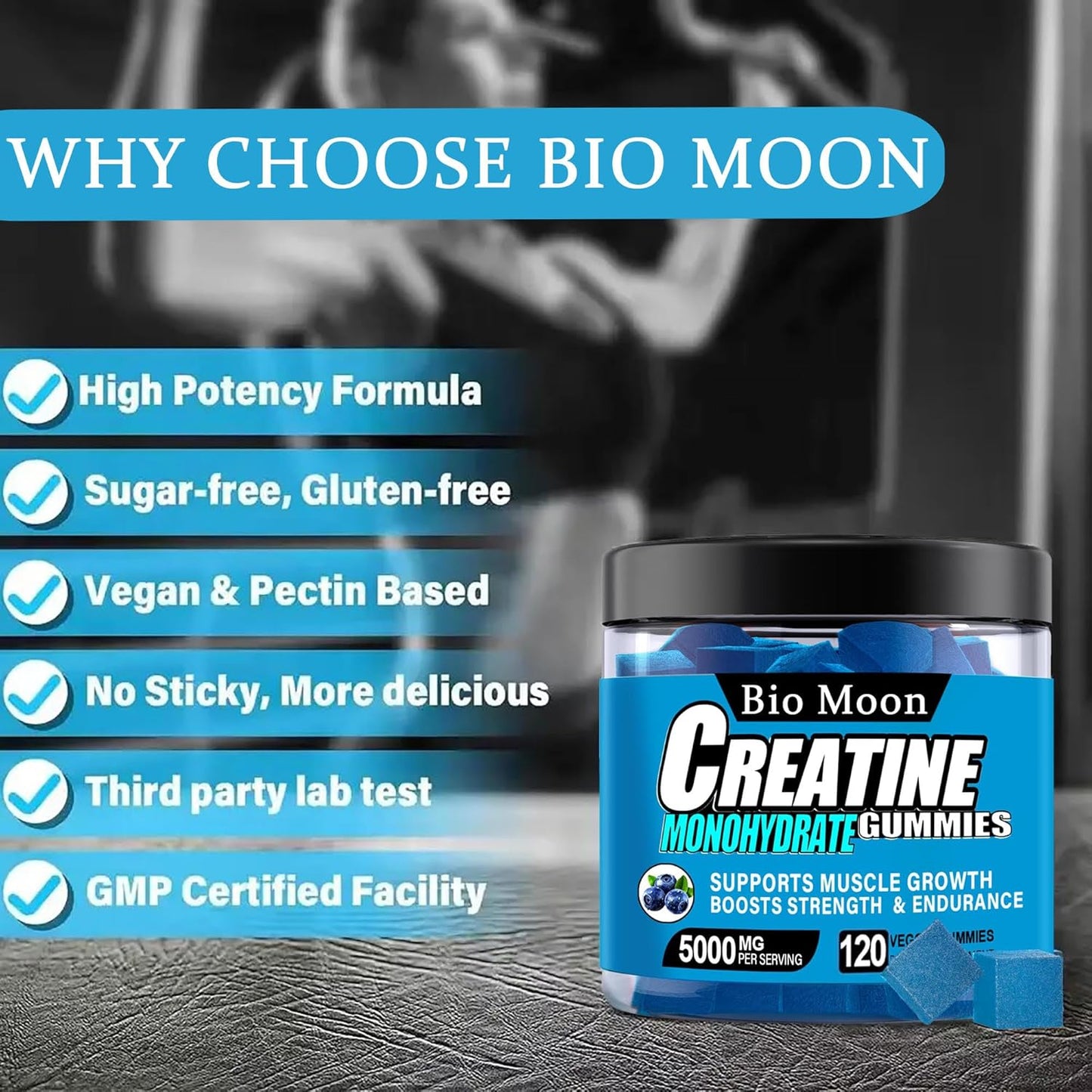5000mg Bio Moon Creatine Monohydrate Gummies - Muscle Strength & Energy Boost Chewables for Men & Women - Pre-Workout Supplement (120 Count) Blueberry Flavor