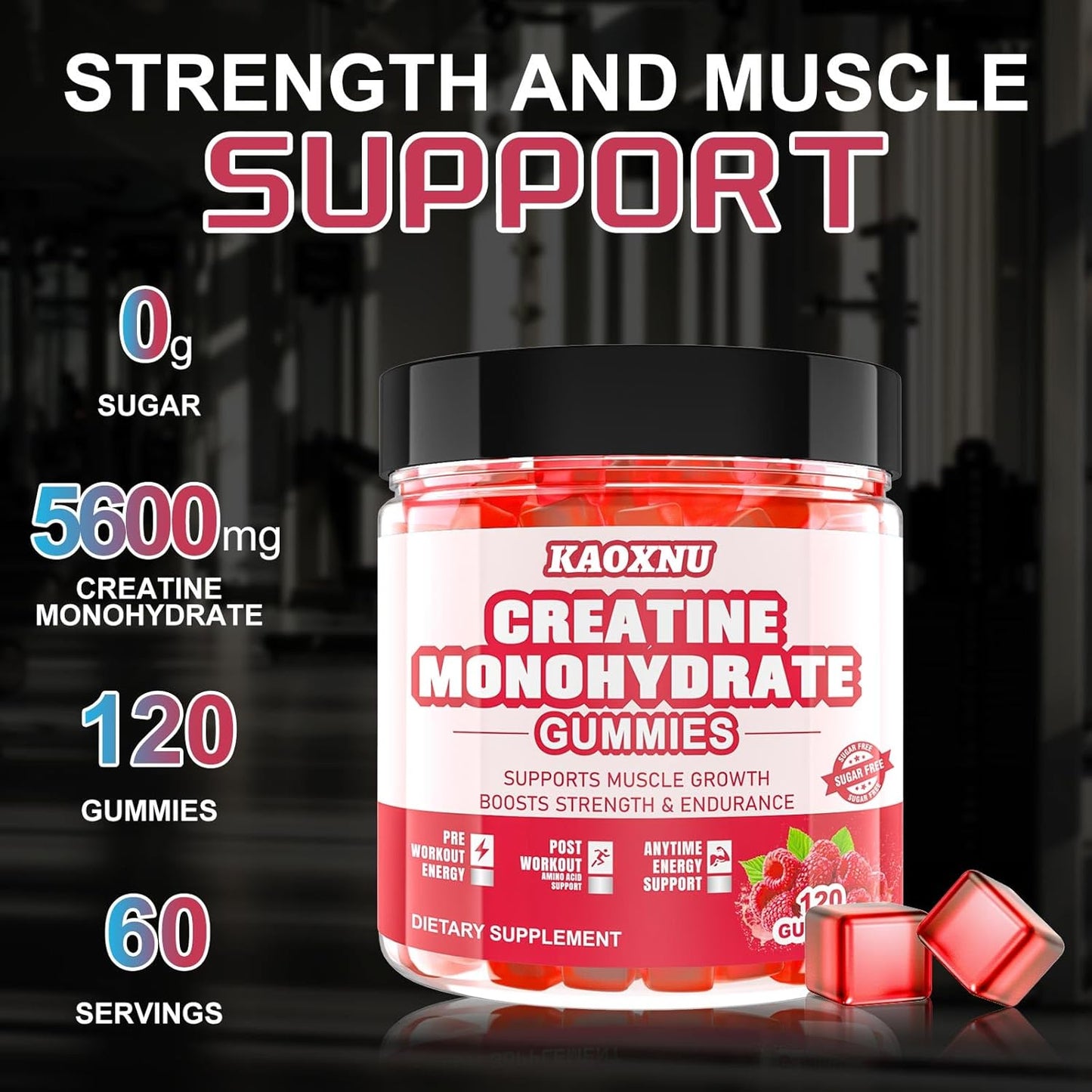 5000mg Creatine Monohydrate Gummies - Sugar Free Chewables for Muscle Strength & Energy - 120 CT Raspberry Flavor - Men & Women