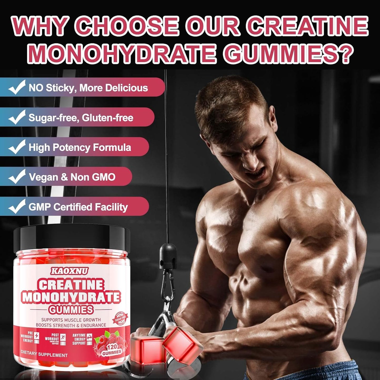 5000mg Creatine Monohydrate Gummies - Sugar Free Chewables for Muscle Strength & Energy - 120 CT Raspberry Flavor - Men & Women