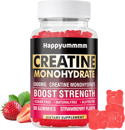 5000mg Creatine Monohydrate Gummies for Men & Women - Muscle Strength, Energy Boost, Pre-Workout Supplement - 90 Chewables - Strawberry Flavor.