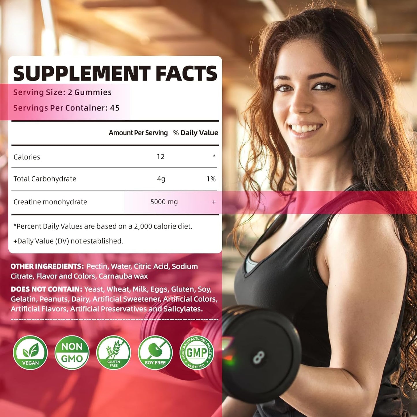 5000mg Creatine Monohydrate Gummies for Men & Women - Muscle Strength, Energy Boost, Pre-Workout Supplement - 90 Chewables - Strawberry Flavor.