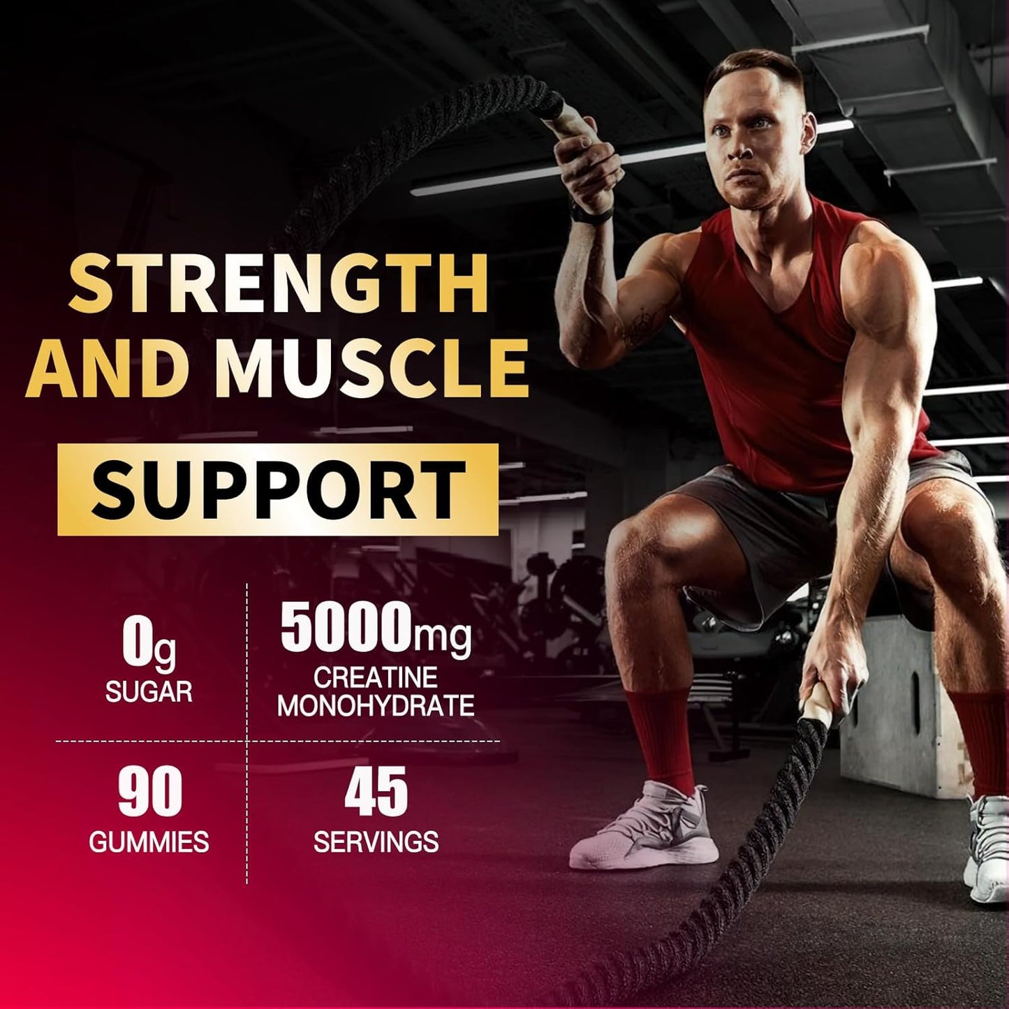 5000mg Creatine Monohydrate Gummies for Men & Women - Muscle Strength, Energy Boost, Pre-Workout Supplement - 90 Chewables - Strawberry Flavor.