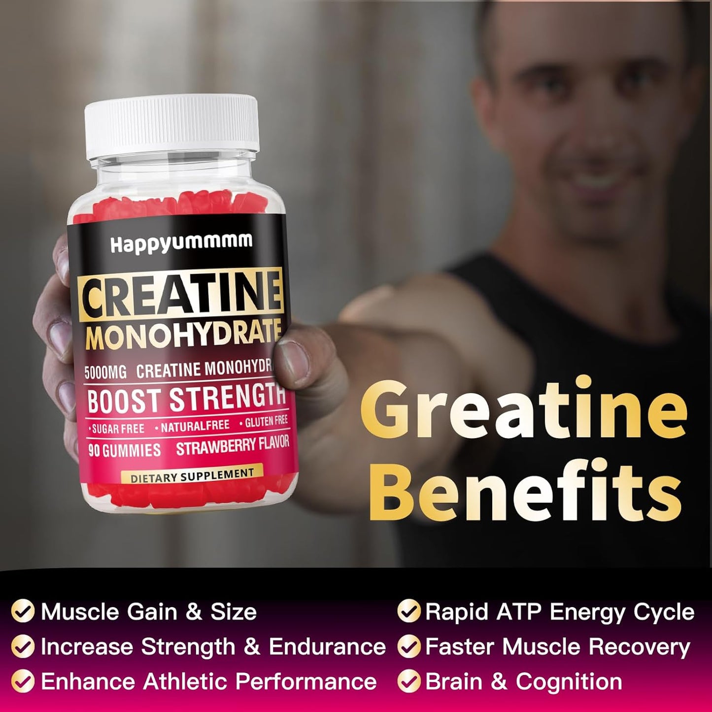 5000mg Creatine Monohydrate Gummies for Men & Women - Muscle Strength, Energy Boost, Pre-Workout Supplement - 90 Chewables - Strawberry Flavor.